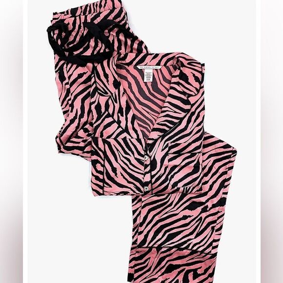 Victorias Secret Animal print SATIN button down top & bottoms pant pajama set XL - Picture 2 of 6